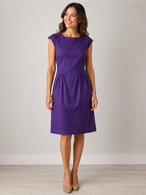 Theory Purple Pleated Waist Sheath Dress Cotton Blend Career Cocktail Midi